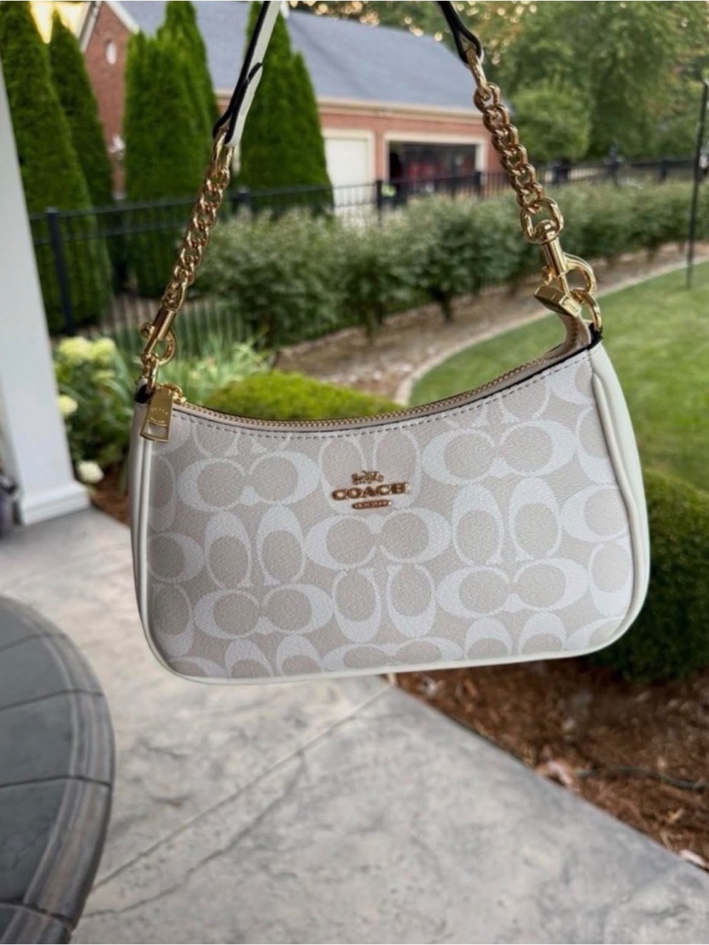 Coach Cream Signature Mini Shoulder Bag with Gold Chain